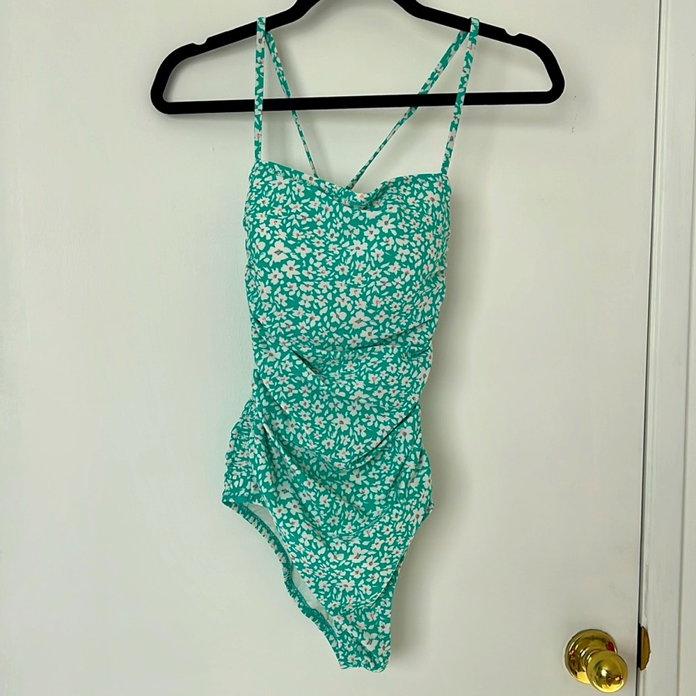 Kona Sol one piece teal floral back tie swimsuit medium